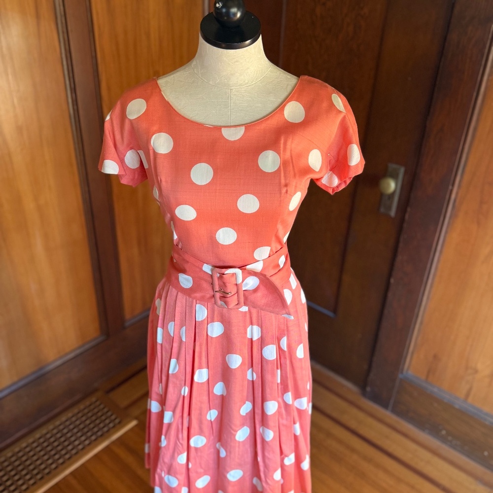 Vintage 50s 1950s Polka Dot Swing Midi Dress, Bright Salmon Pink White, Belt, M